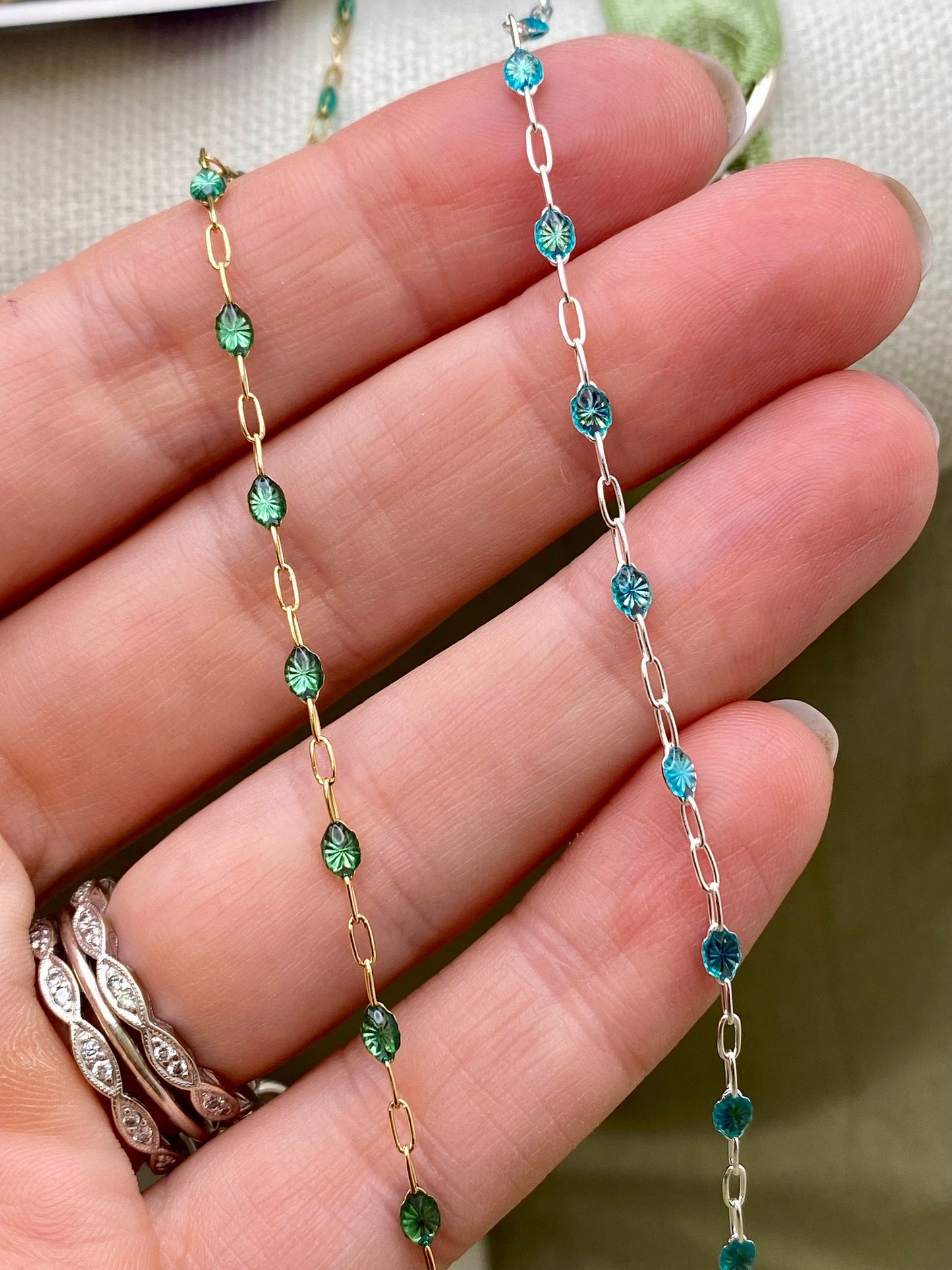 Teal Blue Green Enamel Chain - Sunburst - E15