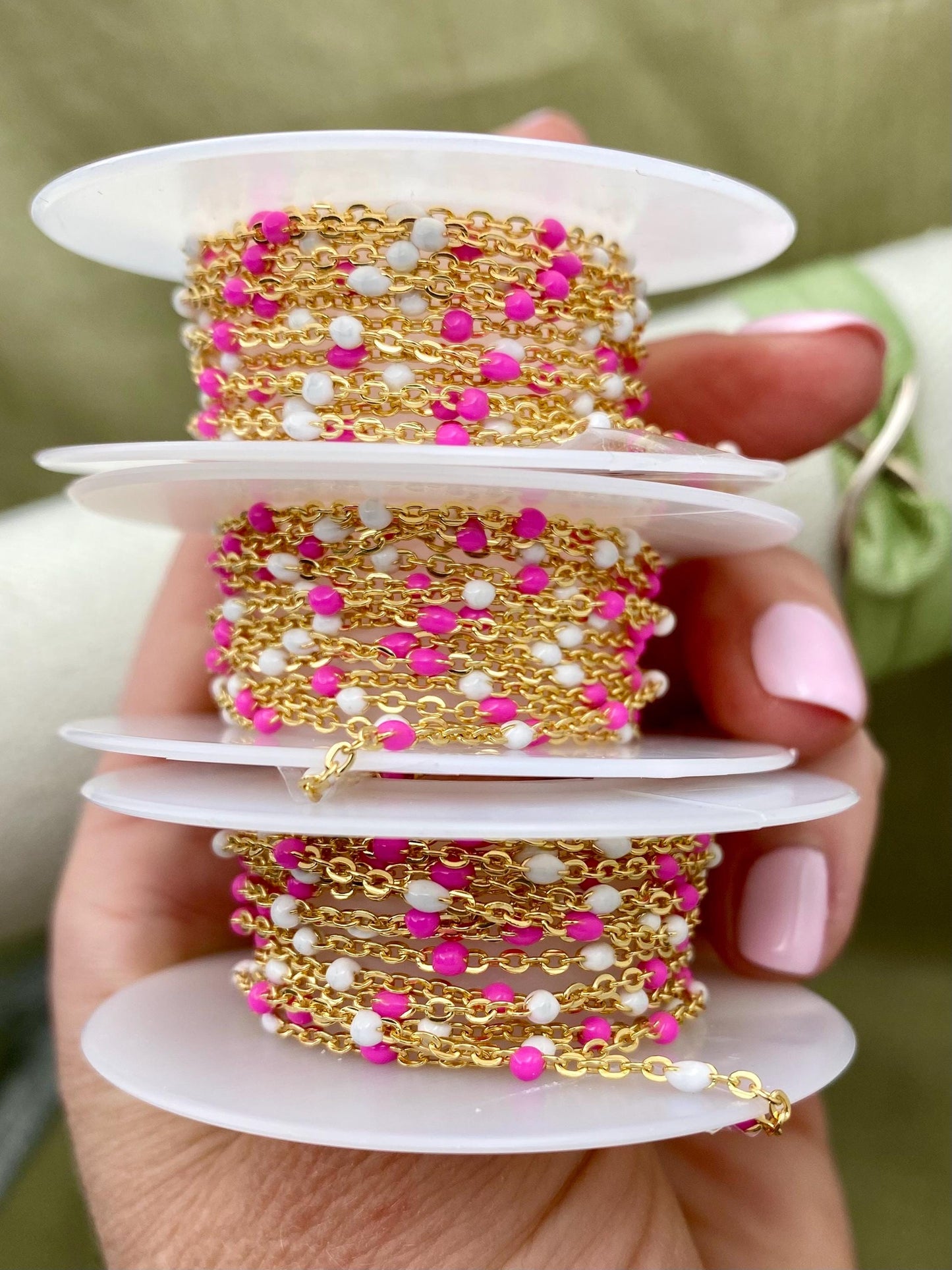 Pink & White Enamel Chain - Dot Cable - E17