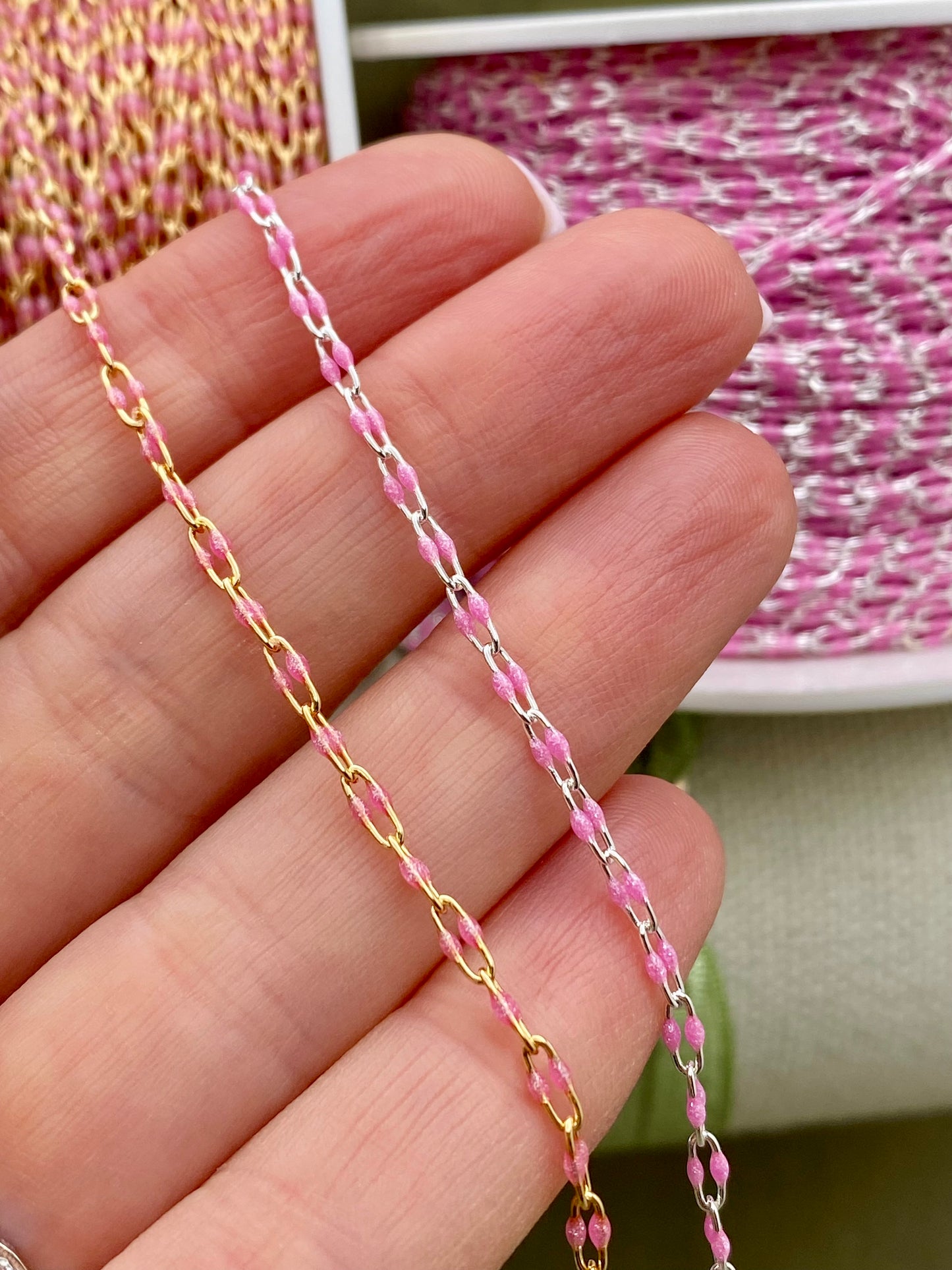 Glitter Pink Enamel Chain - Twin Paperclip - E13