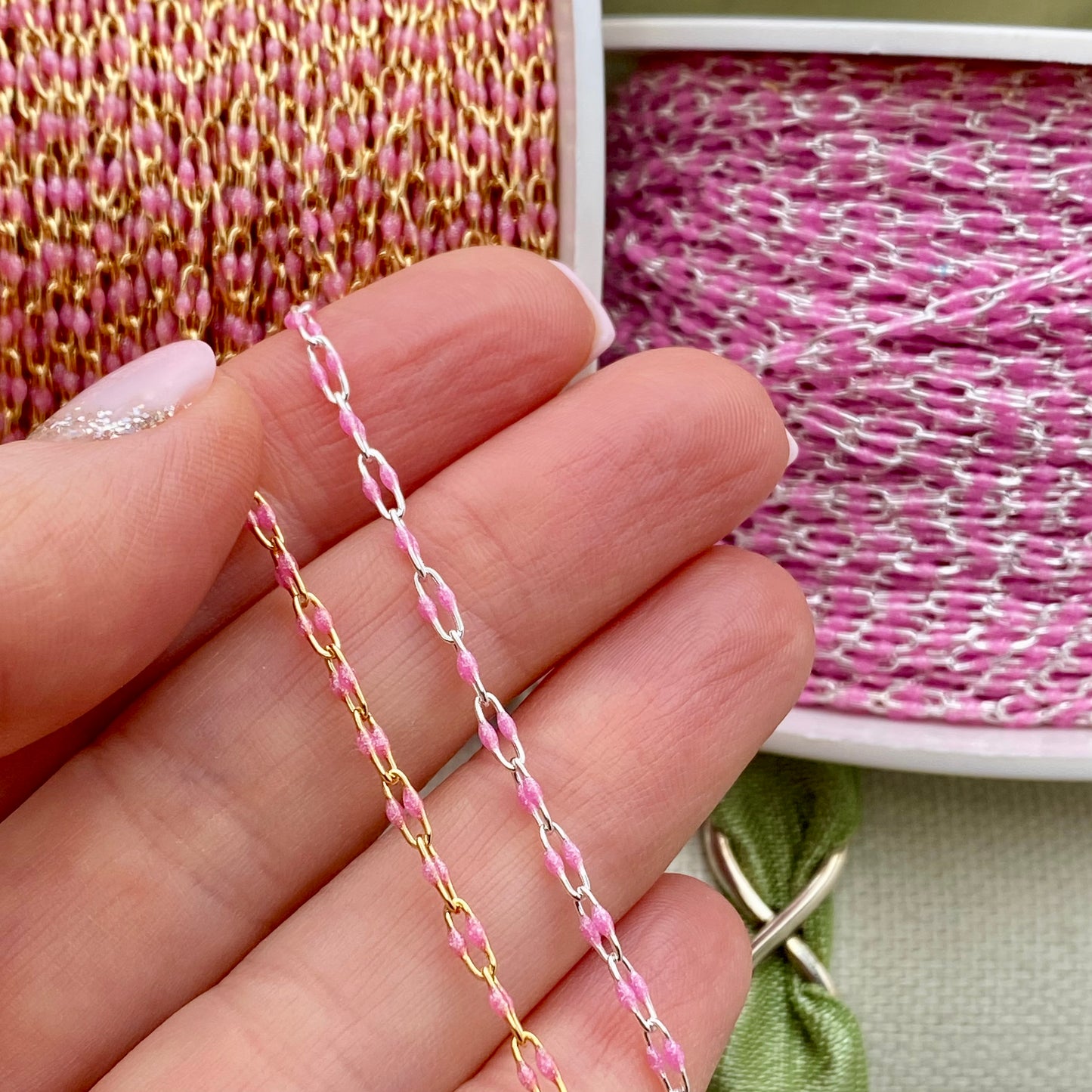 Glitter Pink Enamel Chain - Twin Paperclip - E13