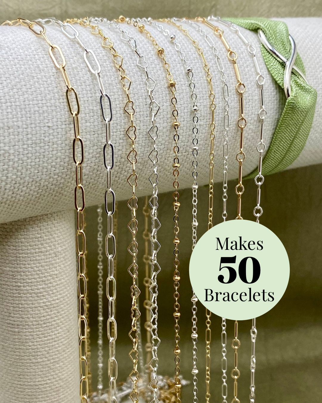 The Classic Pack S1 permanent jewelry starter pack showing ten chain selections on display with makes approximately 50 bracelets label
