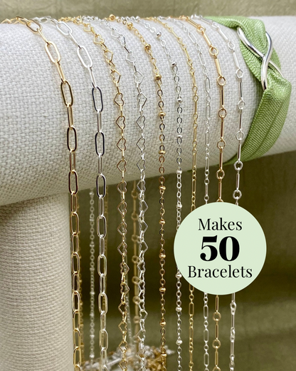 The Classic Pack S1 permanent jewelry starter pack showing ten chain selections on display with makes approximately 50 bracelets label