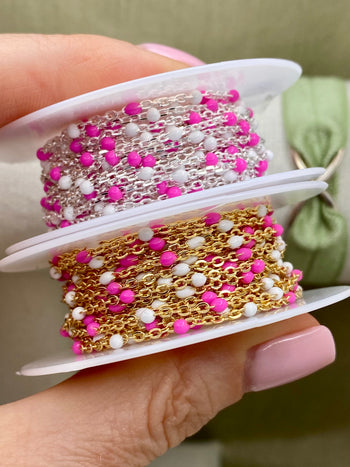 Pink & White Enamel Chain - Dot Cable - E17