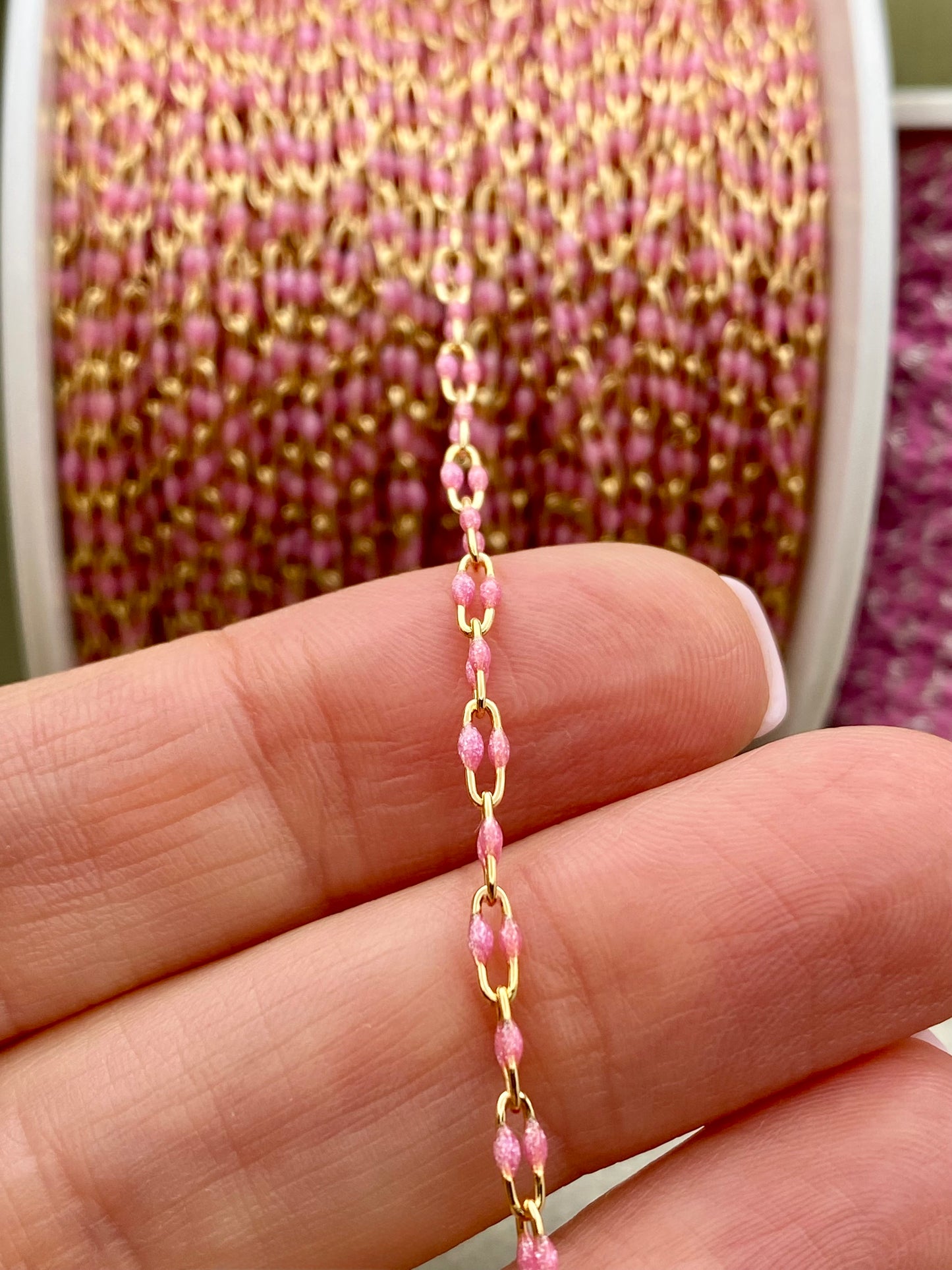 Glitter Pink Enamel Chain - Twin Paperclip - E13