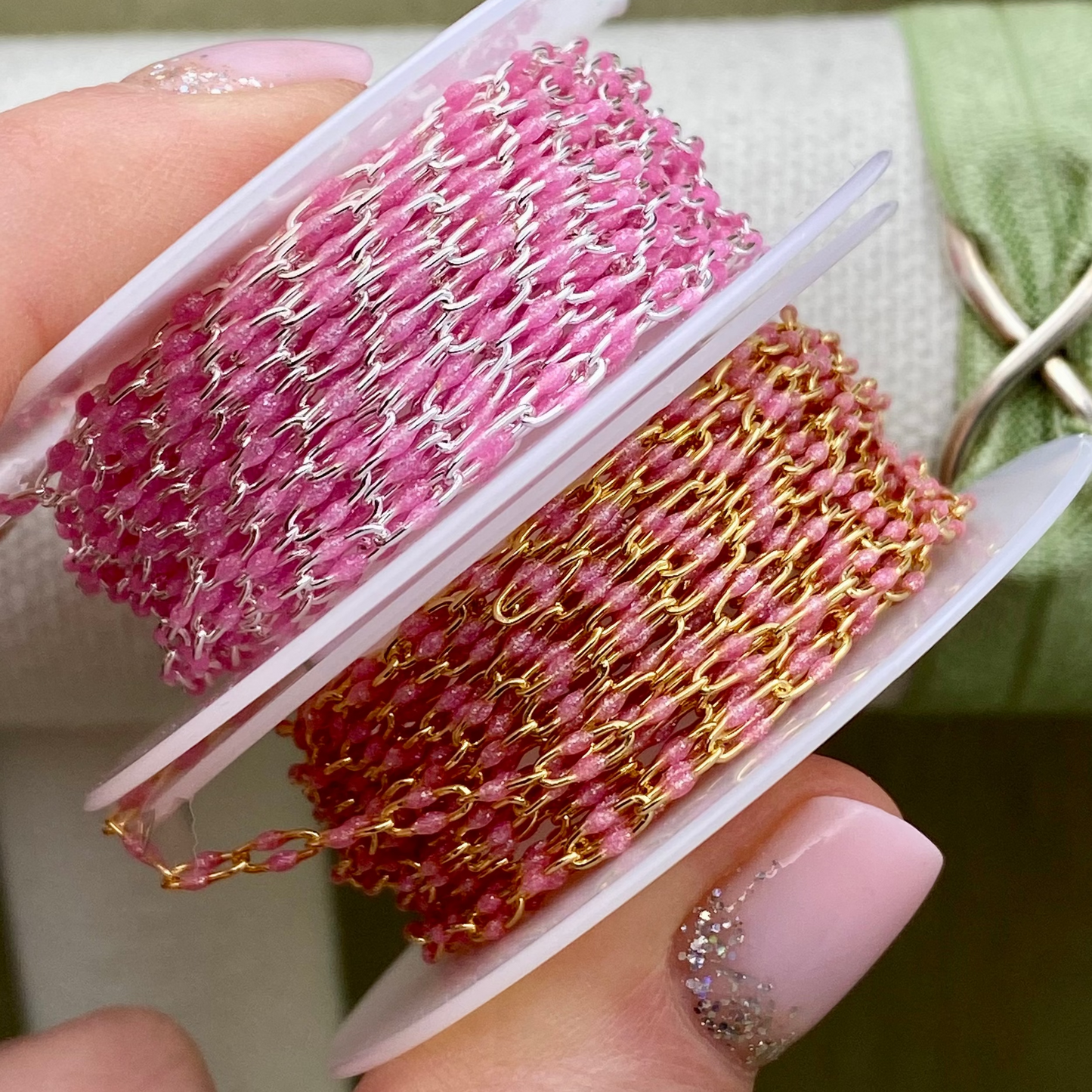 Glitter Pink Enamel Chain - Twin Paperclip - E13